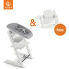 STOKKE® Mega Tripp Trapp® Set Hochstuhl Buche weiß inkl. Newborn Set™ Grey + gratis Baby Set V2 weiß