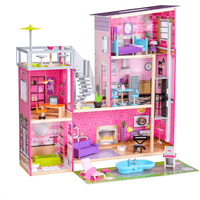 Maison de poupée pour enfants avec nombreux accessoires Maison à 3 étages  avec 5 pièces, en MDF, 62x27x70cm, Rose - Costway