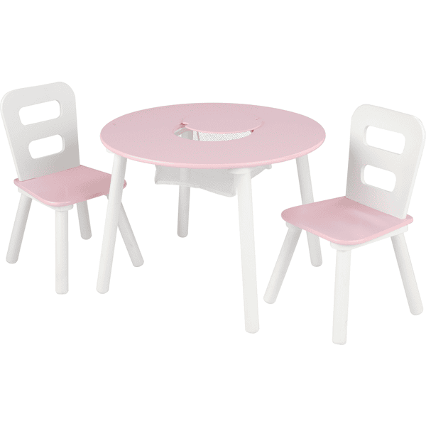 KidKraft ® Rundt oppbevaringsbord med to stoler, hvit/rosa