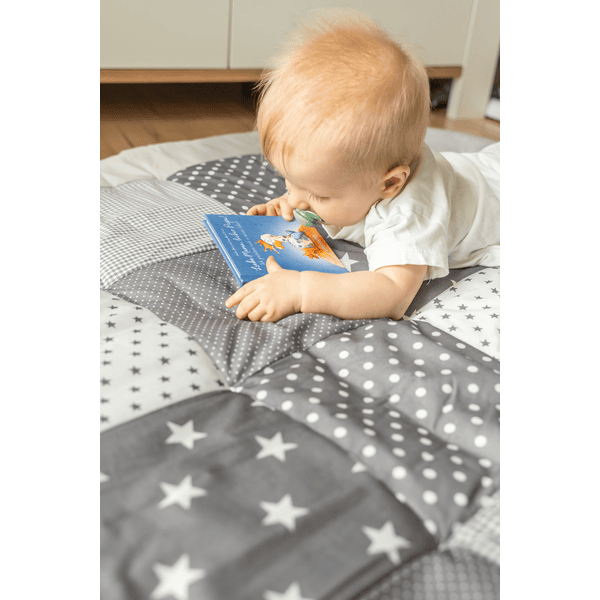 Tapis parc bebe patchwork 120x120 cm - tapis couverture bébé naissance parc  Coton avec velours et piqué gaufré Bleu avec des renards