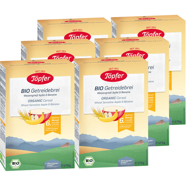 Töpfer Bio Getreidebrei Weizengrieß Apfel und Banane 6 x 175 g ab dem 6. Monat