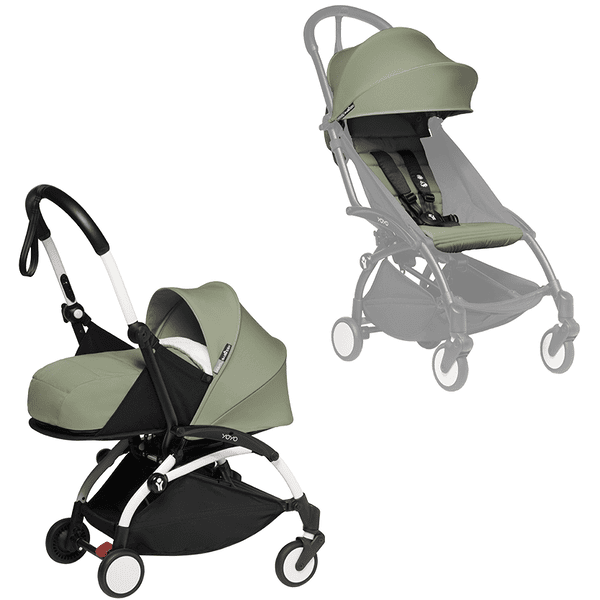 BABYZEN Kinderwagen YOYO2 0+ White mit Neugeborenenaufsatz und Textilset Olive