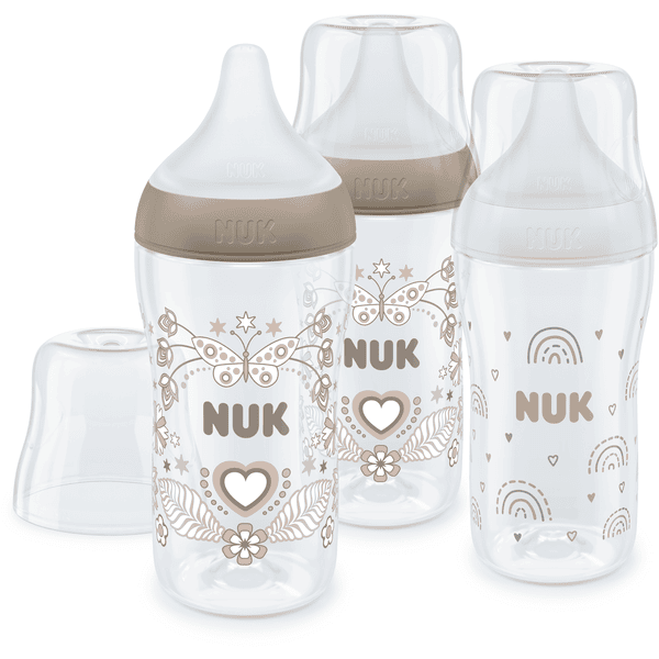 NUK Perfect Match-flaskesæt med 3 flasker med temperatur Control 260 ml fra 3 måneder i hvid og beige