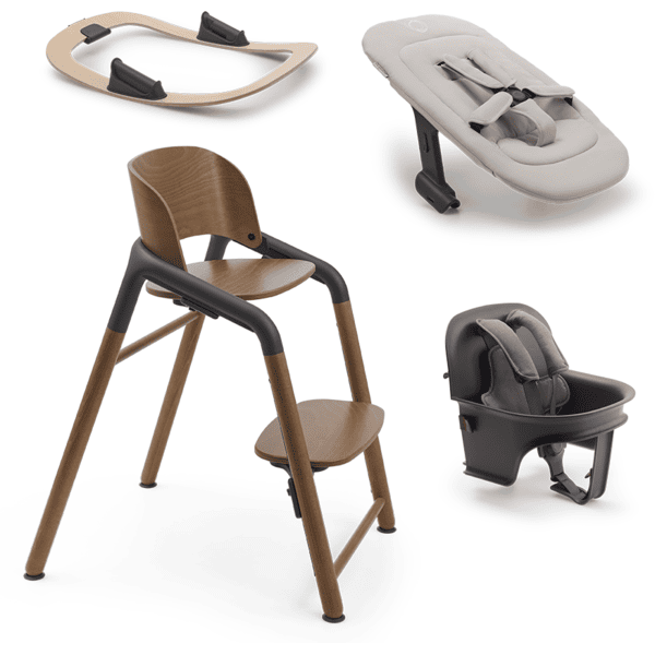 bugaboo Hochstuhl Giraffe Basis Warm Wood/Grey mit Wippengestell, Neugeborenenset und Babyset Giraffe