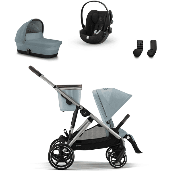 cybex GOLD Carrito de bebé Gazelle S Taupe Sky Blue con capazo Gazelle S Cot Sky Blue, silla portabebés Cloud G i-Size Moon Black y adaptador Gazelle S