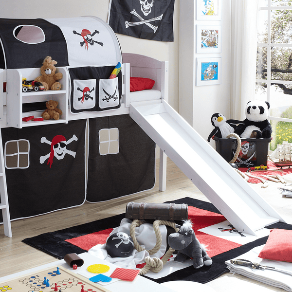 TICAA Letto a soppalco con scivolo per bambini EKKI Pino bianco country -  Pirati - nero/bianco 