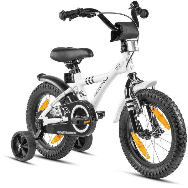 PROMETHEUS BICYCLES® Kinderfahrrad 14", Weiß-Schwarz mit Stützrädern
