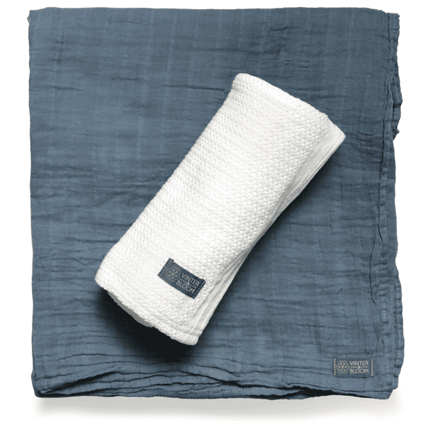 VINTER&BLOOM Coffret cadeau plaid et couverture mousseline Soft Grid GOTS bright white/storm blue