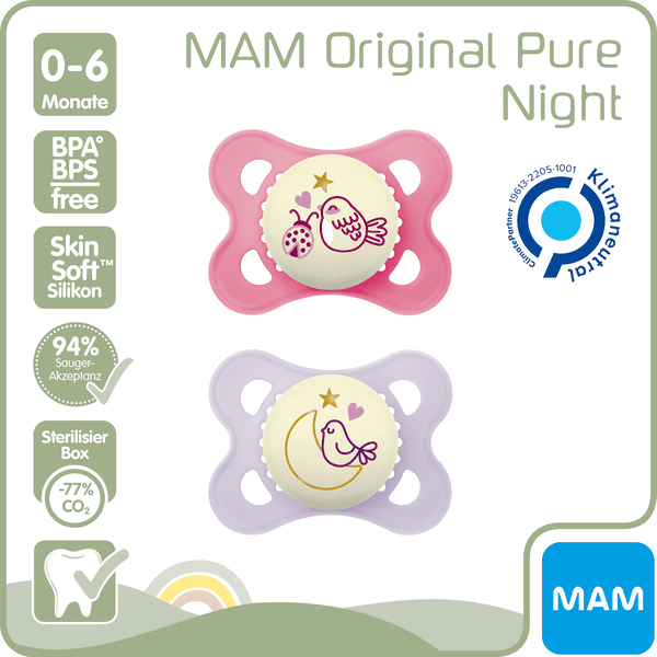 MAM Sucette Pure Night oiseau/lune 0-6 mois silicone lot de 2