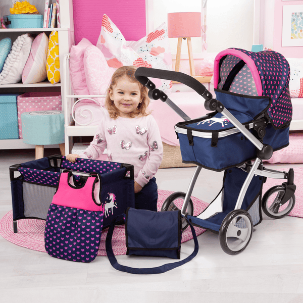 bayer Design Passeggino duo per bambole Mega Set, blu con cuori e unicorno  