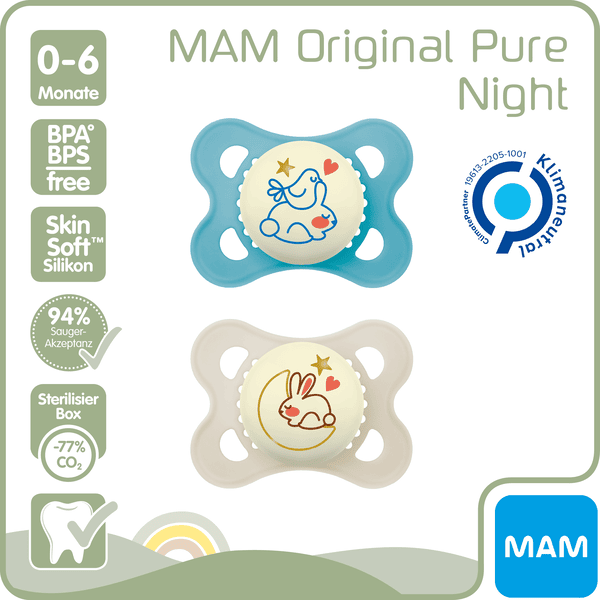MAM 2 Sucettes Silicone Nuit avec Anneau de 0 à 6 mois-Chat-lune