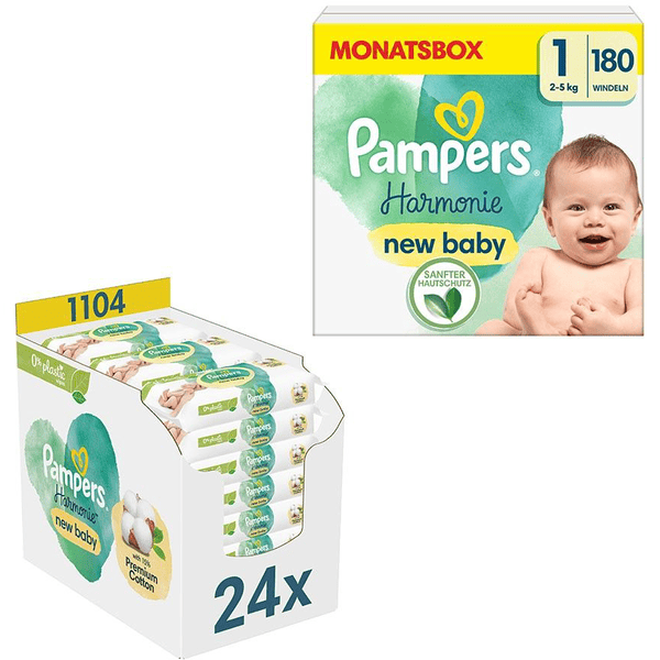 Pampers Newborn Zestaw pieluszek Harmonie rozmiar 1, 2-5 kg (180 pieluszek) i chusteczki nawilżane Harmonie New Baby, 1.104 chusteczek (24 x 46 szt.)