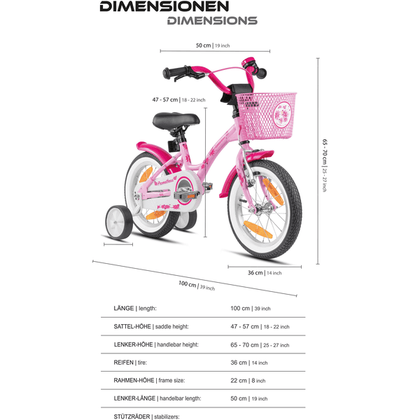 PROMETHEUS BICYCLES ® Bicicleta para niños de 14'' a partir de 3 años con  ruedas de entrenamiento en color morado y blanco 