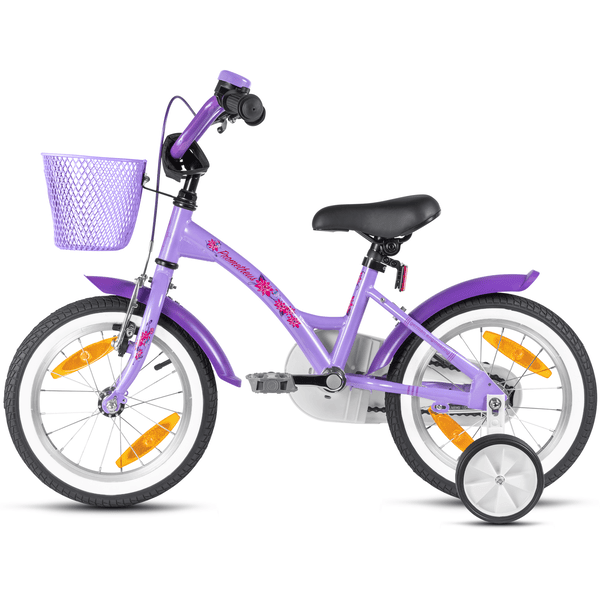 PROMETHEUS BICYCLES ® Bicicleta para niños de 14'' a partir de 3 años con  ruedas de entrenamiento en color morado y blanco 