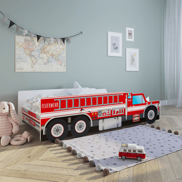 Alcube® Autobett 80x160 cm PKW Feuerwehr mit Lattenrost und Matratze MDF  beschichtet - mit Motivfolie beklebtes Spielbett Kinderbett 160x80 cm für  kleine Feuerwehrleute - Rot : : Küche, Haushalt & Wohnen