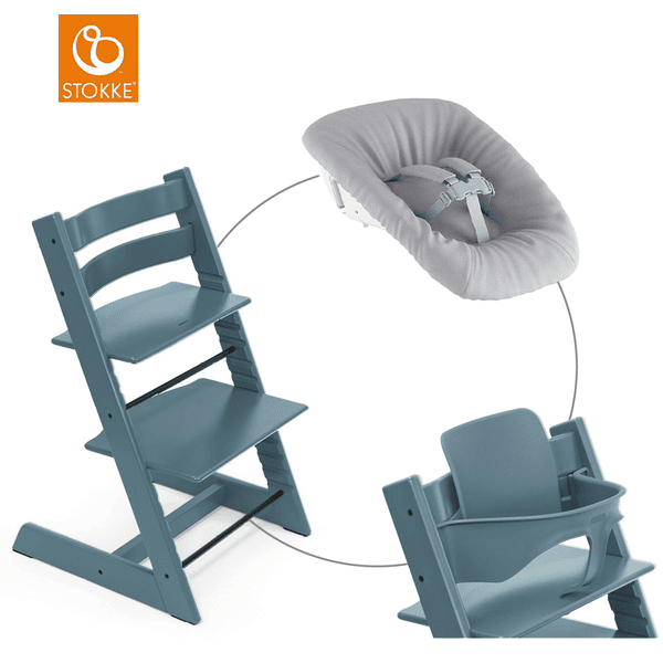 STOKKE® Mega Tripp Trapp® Set Hochstuhl Buche Fjord Blue inkl. Newborn Set™ Grey und Baby Set Fjord Blue