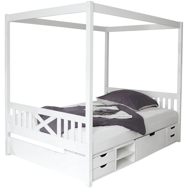 TiCAA Himmelbett Lino weiß mit 4 Funktionsschubladen