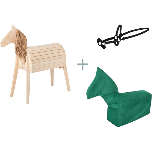 kindsgard Cheval de jardin enfant hoppgalopp bois naturel bride ledde housse vert telta