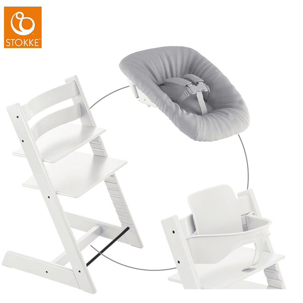 STOKKE® Mega Tripp Trapp® Set Hochstuhl Buche weiß inkl. Newborn Set™ Grey und Baby Set V2 weiß