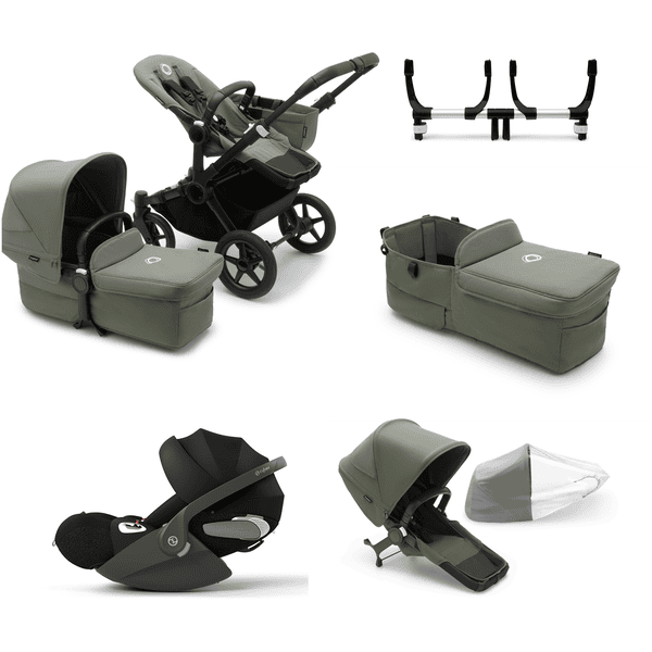 bugaboo Donkey Black Forest Green Donkey Donkey PLATINUM I-Size Barnevogn 5 Mono Complete / inkl. udvidelsessæt og betræk til liggedel 5 Complete, Twin adapter og cybex Cloud T babyautostol Black 