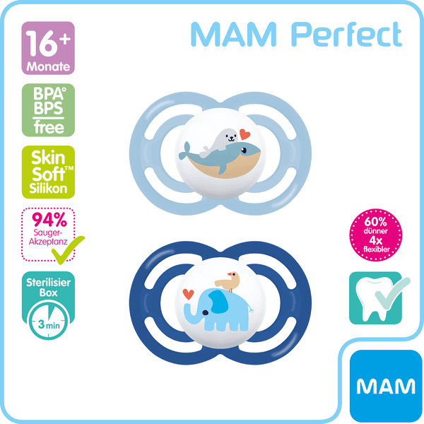 MAM Sucette Perfect silicone, 16 mois+, baleine/éléphant lot de 2