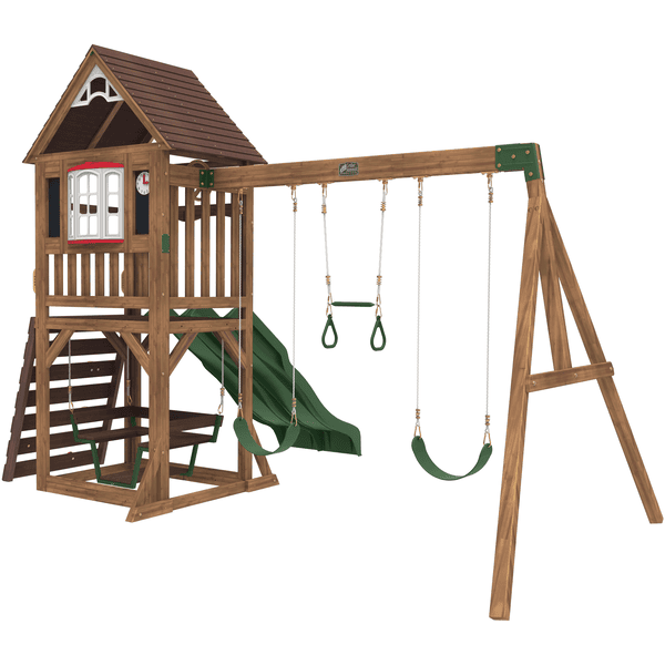 Yolola Tour de jeux d'extérieur, pour enfants, avec toit en bois,  balançoire et toboggan, aire de jeux/d'escalade pour jardin, en pin massif  : : Jouets
