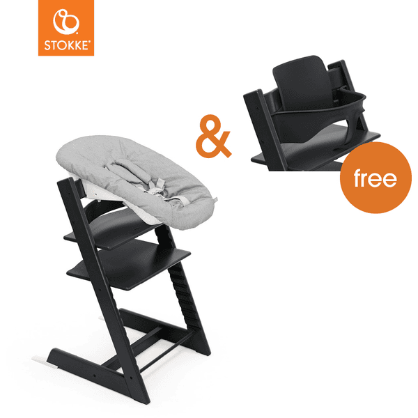 STOKKE® Mega Tripp Trapp® Set Hochstuhl Buche schwarz inkl. Newborn Set™ Grey + gratis Baby Set V2 schwarz