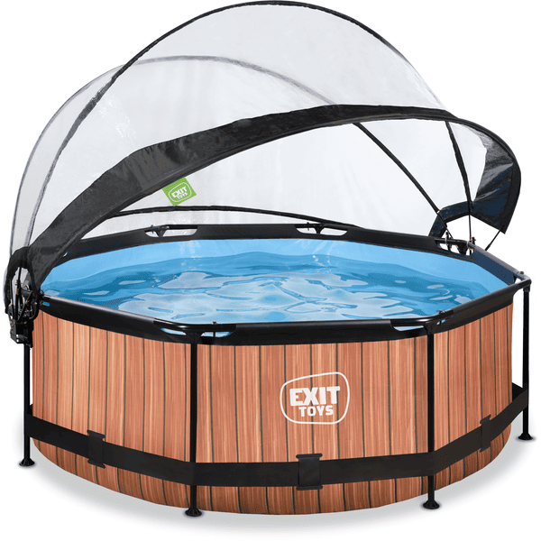 EXIT Frame Pool ø244x76cm (12v Kartusche Filterpumpe) – Holzoptik & Sonnendach