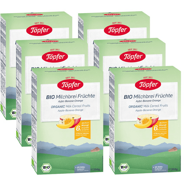 Töpfer Milchbrei Früchte Apfel-Banane-Orange Bio 6 x 200 g ab dem 6. Monat