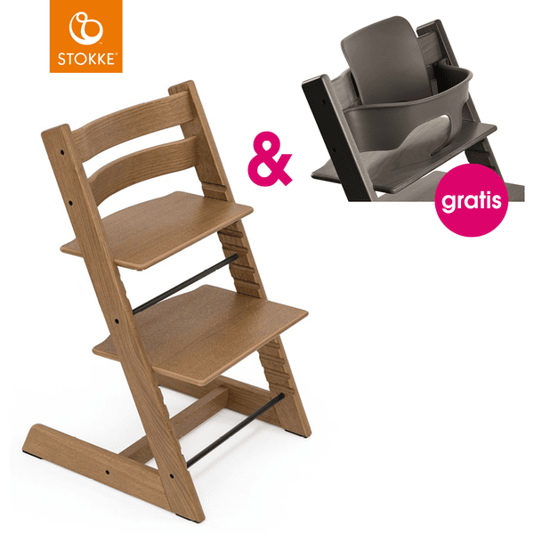 STOKKE® Tripp Trapp® Hochstuhl Oak braun + gratis Baby Set Hazy Grey