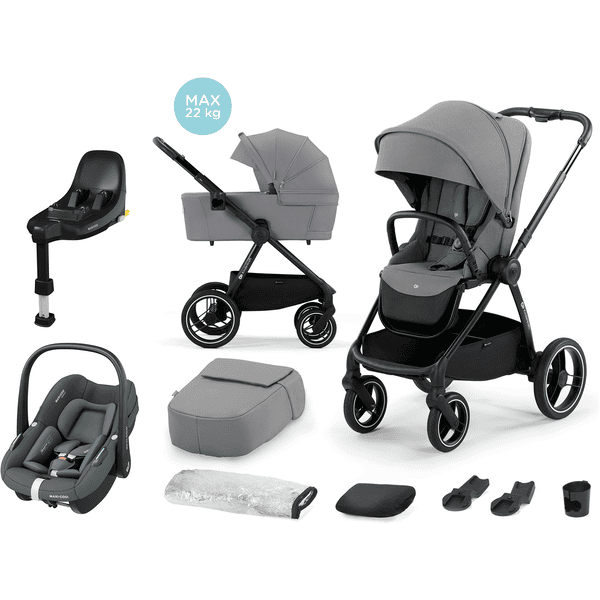 Kinderkraft platinum Pebble FamilyFix Barnevogn NEA 2in1 grå inkl. MAXI COSI bilbarnestol S Tonal Graphite og basestasjon S Black 