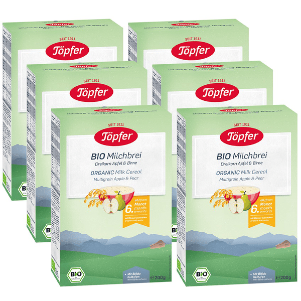 Töpfer Bio-Milchbrei Dreikorn Apfel & Birne 6 x 200 g ab dem 6. Monat