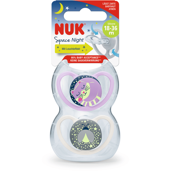 NUK Sucette nuit Space Night T.3 18-36 mois silicone chat/luciole