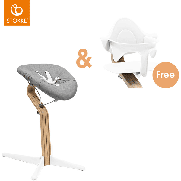 STOKKE® Nomi® Hochstuhl Eiche / weiß inkl. Newborn Set weiß / grau sand + gratis Baby Set weiß