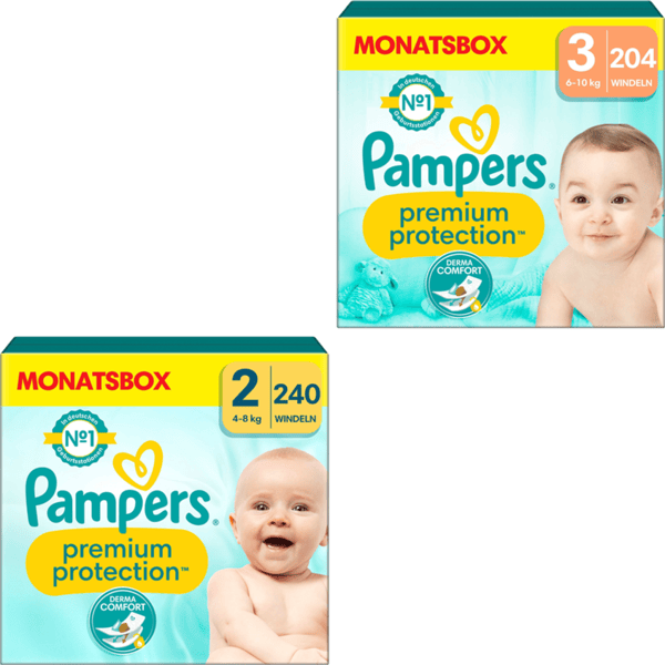 Pampers Windelset Premium Protection, New Baby Gr. 2 Mini, 4-8kg, Monatsbox (1x 240 Windeln) und Gr. 3 Midi, 6-10kg, Monatsbox (1x 204 Windeln)