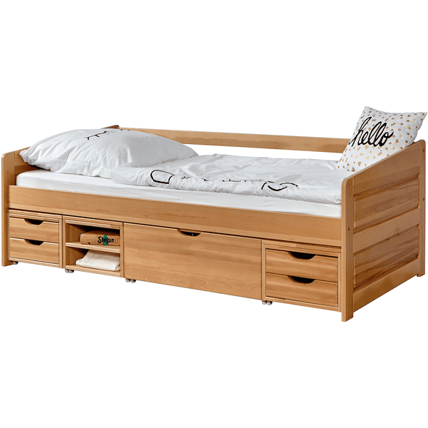 TiCAA Sofabett Micki Buche natur mit 4 Funktionsschubladen
