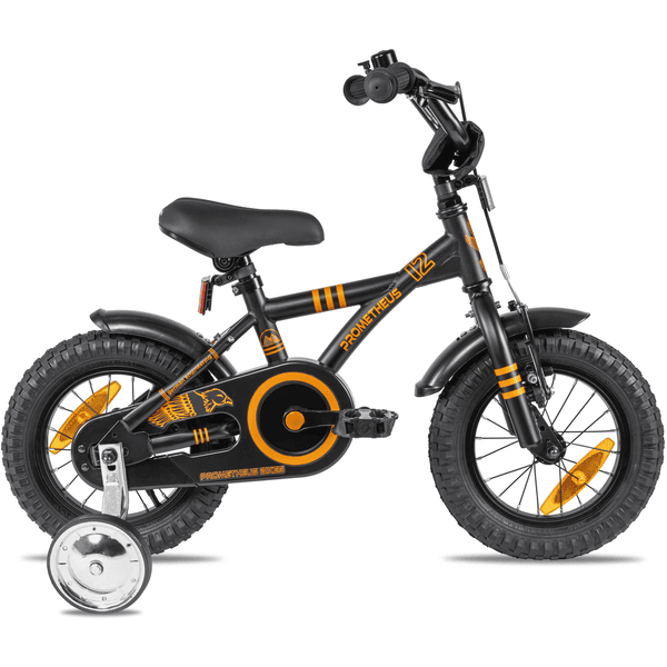 PROMETHEUS BICYCLES® Kinderfahrrad 12 in Schwarz Matt & Orange ab 3 Jahre  mit Stützräder 