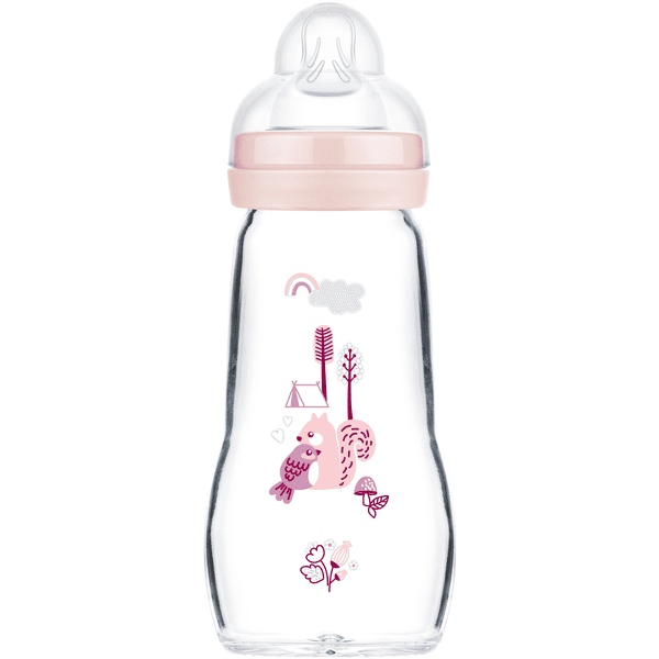 MAM Glasflasche Feel Good 260 ml ab 0 Monaten Vogel/Eichhörnchen rosa