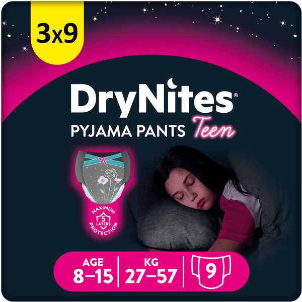 Huggies DryNites jednorazowe spodnie do piżamy dla dziewczynek 8-15 lat 3 x 9 sztuk