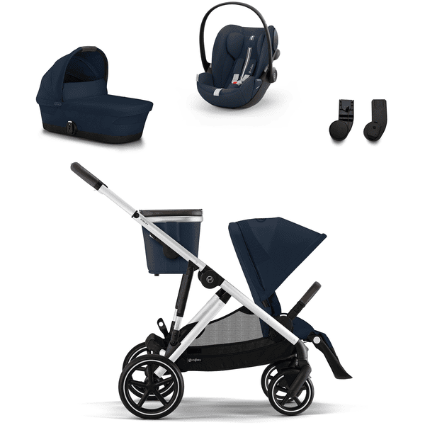 cybex GOLD Carrito de bebé Set Gazelle S Silver Ocean Blue con capazo Gazelle S Cot Ocean Blue, silla portabebés Cloud G i-Size Plus Ocean Blue Plus y adaptador Gazelle S