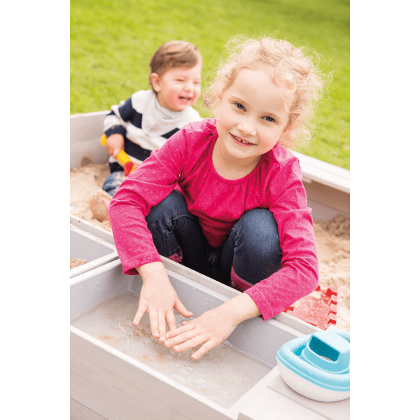 Bac à sable pour enfants en bois lasuré gris avec bancs + couvercle - Soulet
