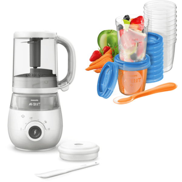 Philips Avent Babynahrungszubereiter 4-in-1 Dampfgarer und Mixer SCF885/01 in grün inkl. Aufbewahrungssystem für Babynahrung SCF721/20