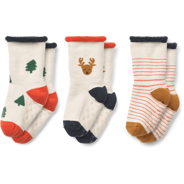 LIEWOOD Eloy chaussettes antidérapantes pour bébé pack de 3 Holiday Reindeer/ sandy mix