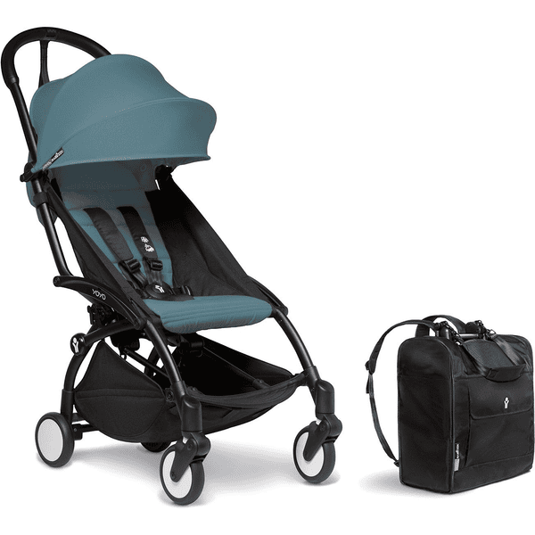 BABYZEN Kinderwagen YOYO2 6+ Black mit Textilset Aqua und Backpack YOYO Black