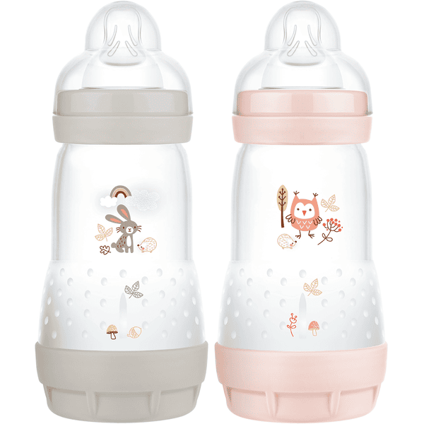 MAM Babyfles Easy Start Anti-koliek-Elementen 260 ml 2 stuks konijn/uil in grijs/roze
