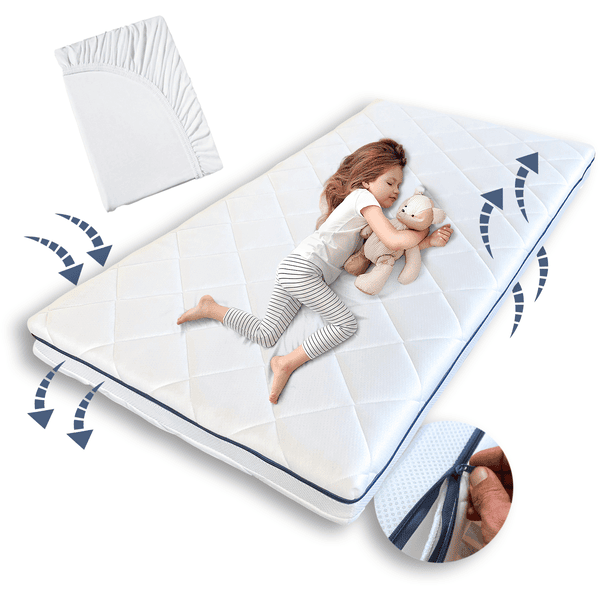 Kids Collective Barnmadrass AERO PLUS med ventilationsremsor 10 cm hög, babymadrass 90 x 200 vit med påslakan