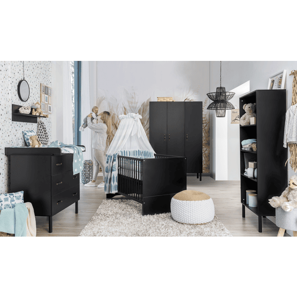 Schardt Chambre bébé trio lit commode armoire 3 portes Melody Black bois 70x140 cm