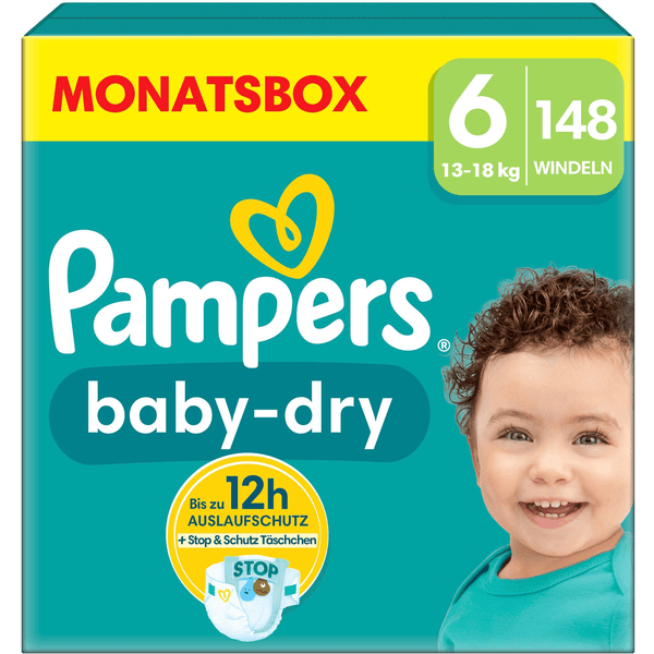 Pampers Pañales Baby-Dry, talla 6, 13-18 kg, caja mensual (1 x 148 pañales)