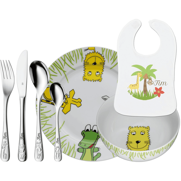 Schnullireich Geschenkset mit Namen Safari: WMF Kinderbesteck + Teller/Schale+ Lätzchen 7-Teilig Silber