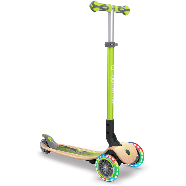 GLOBBER Scooter PRIMO FOLDABLE WOOD LIGHTS lime grün - mit Leuchtrollen und Holzdeck